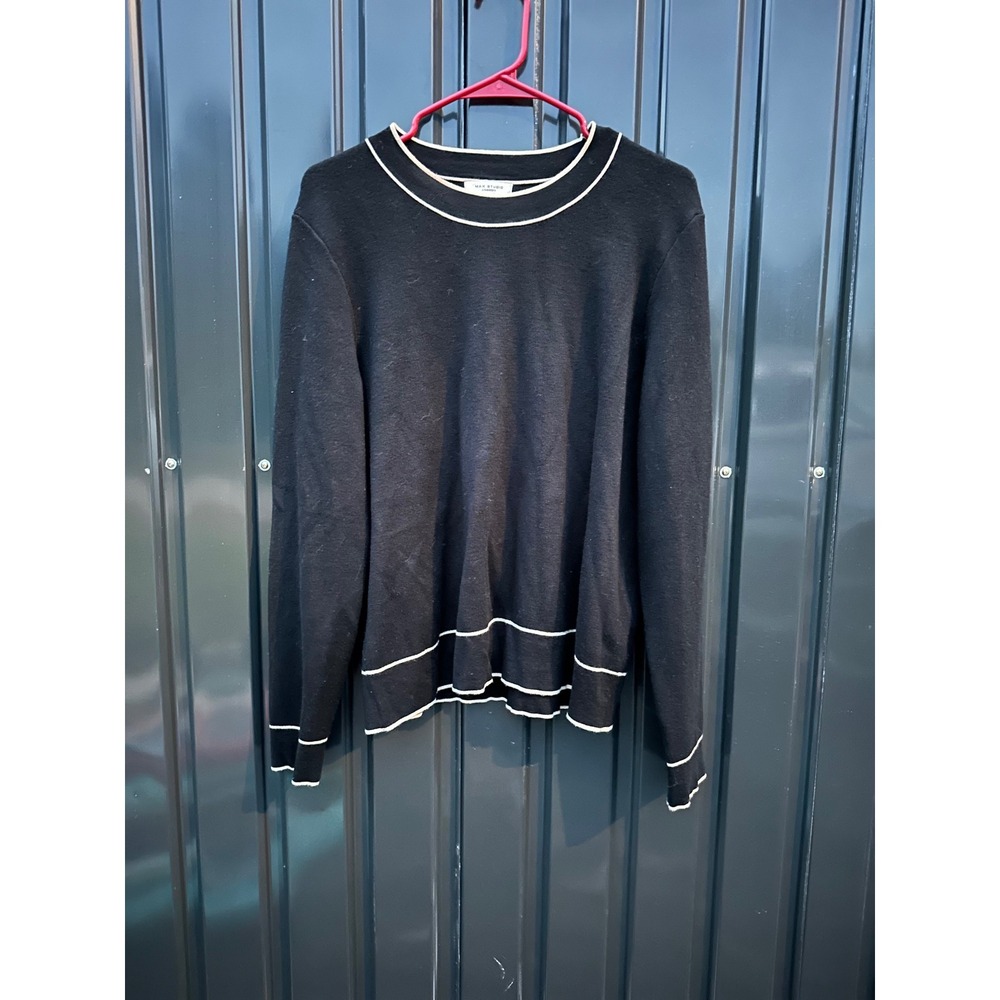 Max Studio London Womens Black White Tipped Knit Sweater Crew Neck Large